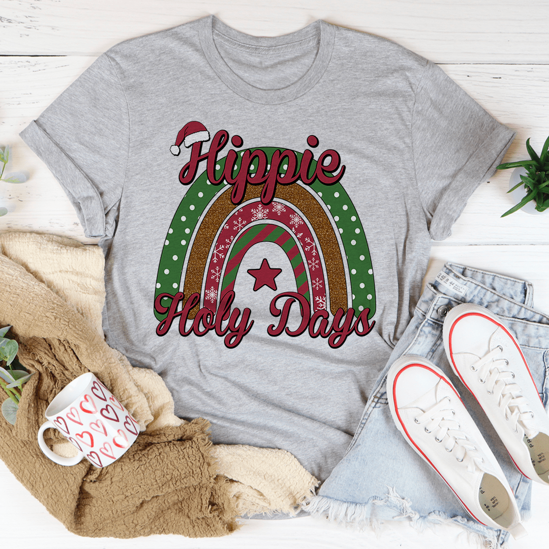 Hippie Holy Days Tee in various colors, showcasing its soft fabric and durable stitching.