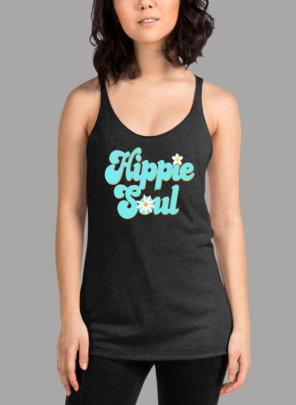 Hippie Soul Women's Tank Top featuring a racer back style and curved back hem in a vibrant color.