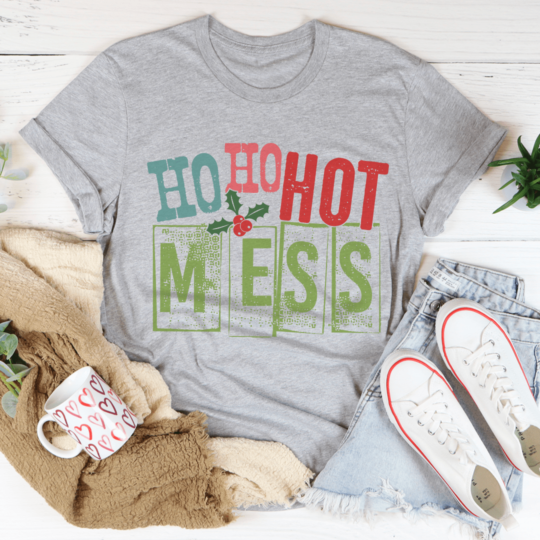 Ho Ho Hot Mess Tee in various colors, showcasing its soft fabric and durable stitching.