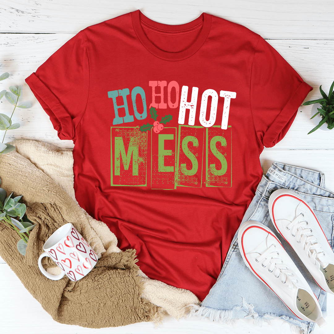 Ho Ho Hot Mess Tee in various colors, showcasing its soft fabric and durable stitching.