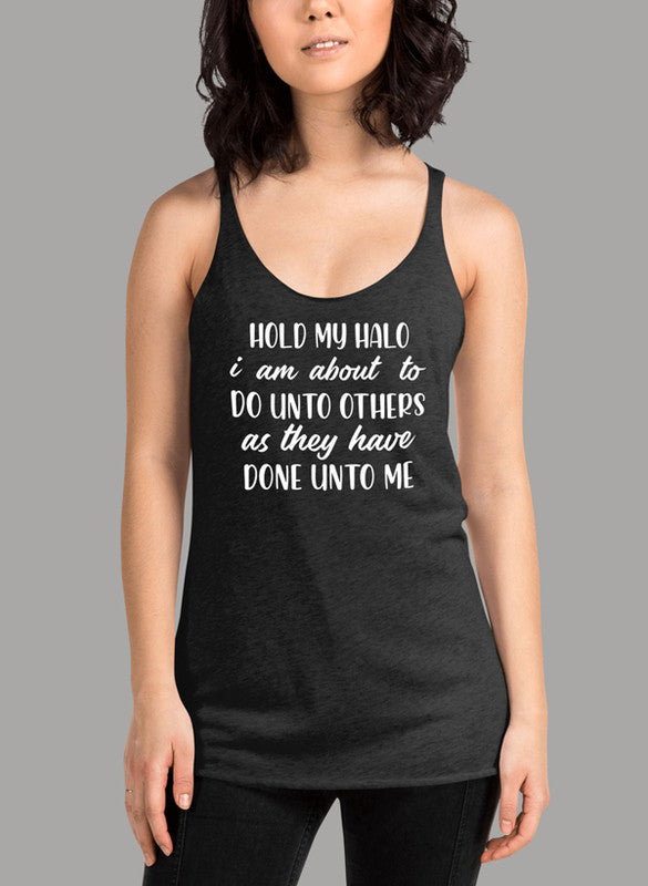 Hold My Halo Women's Tank Top in a stylish racer back design, showcasing its curved back hem and Neoteric™ fabric.