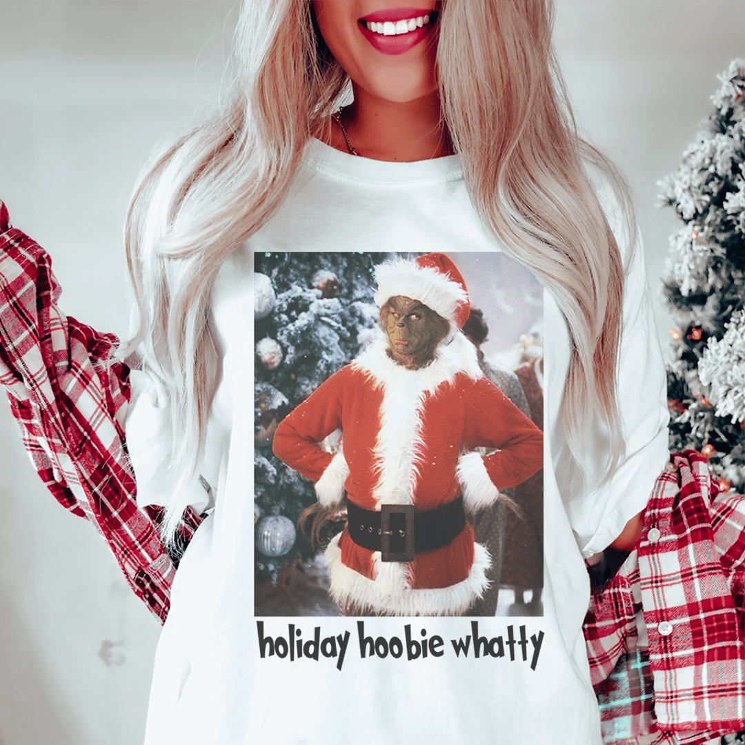 Holiday Hoobie Whatty Tee in various colors, showcasing its soft fabric and durable stitching.