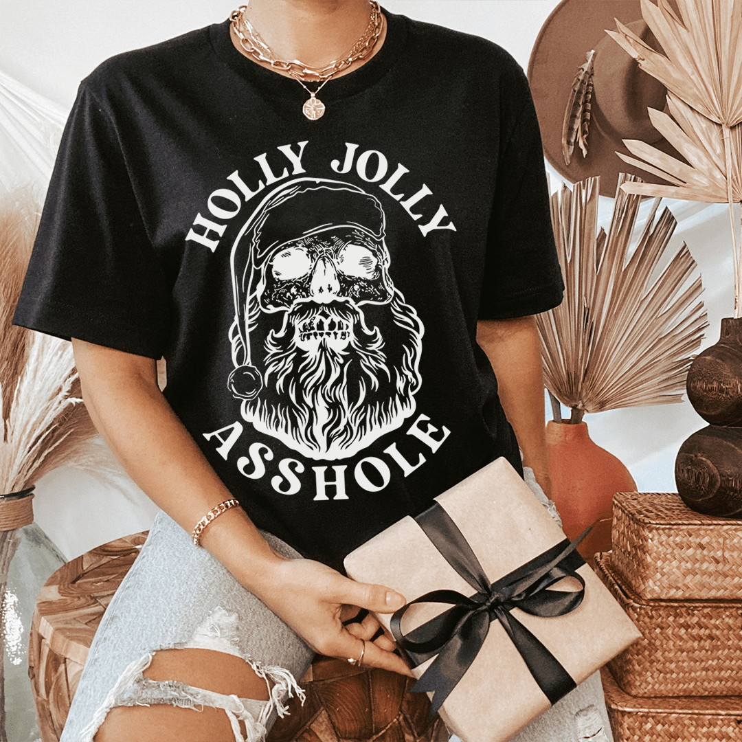 Holly Jolly Tee made from soft ring-spun cotton, featuring double stitching for durability, available in various sizes.