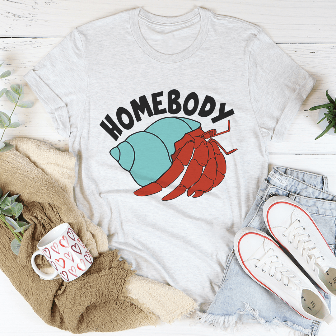 A cozy Homebody T-Shirt made from soft ring-spun cotton, featuring double stitching for durability, available in various sizes.