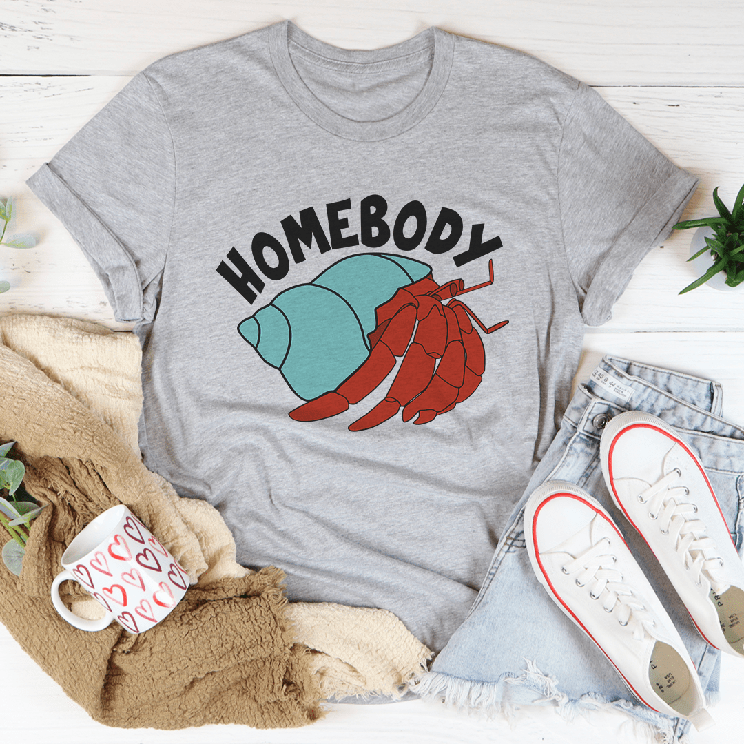 A cozy Homebody T-Shirt made from soft ring-spun cotton, featuring double stitching for durability, available in various sizes.