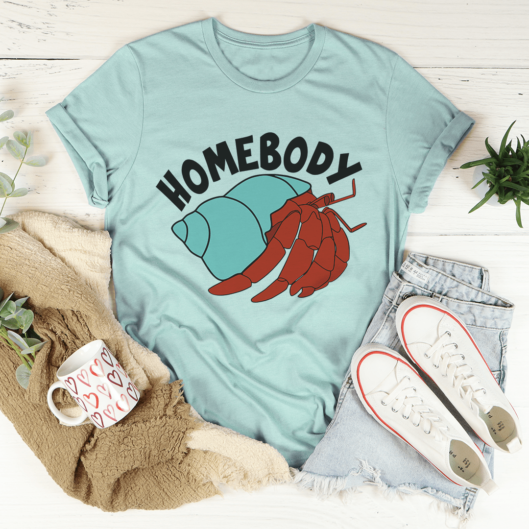 A cozy Homebody T-Shirt made from soft ring-spun cotton, featuring double stitching for durability, available in various sizes.