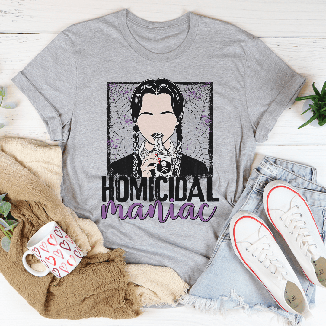 Homicidal Maniac Tee featuring a unique design, made from soft ring-spun cotton with double stitching for durability.