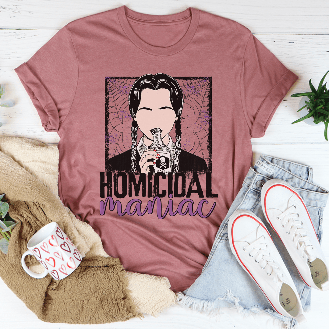 Homicidal Maniac Tee featuring a unique design, made from soft ring-spun cotton with double stitching for durability.