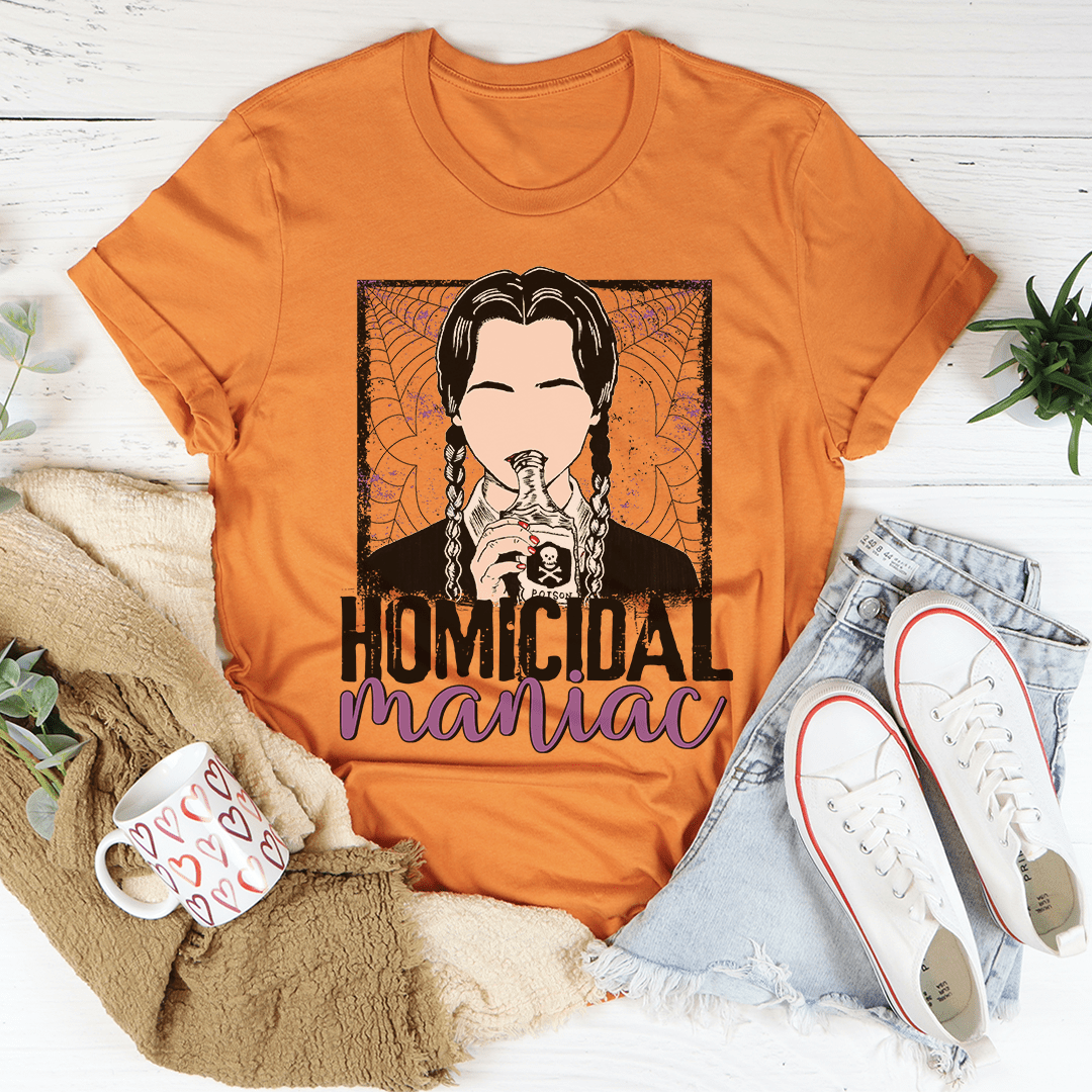 Homicidal Maniac Tee featuring a unique design, made from soft ring-spun cotton with double stitching for durability.