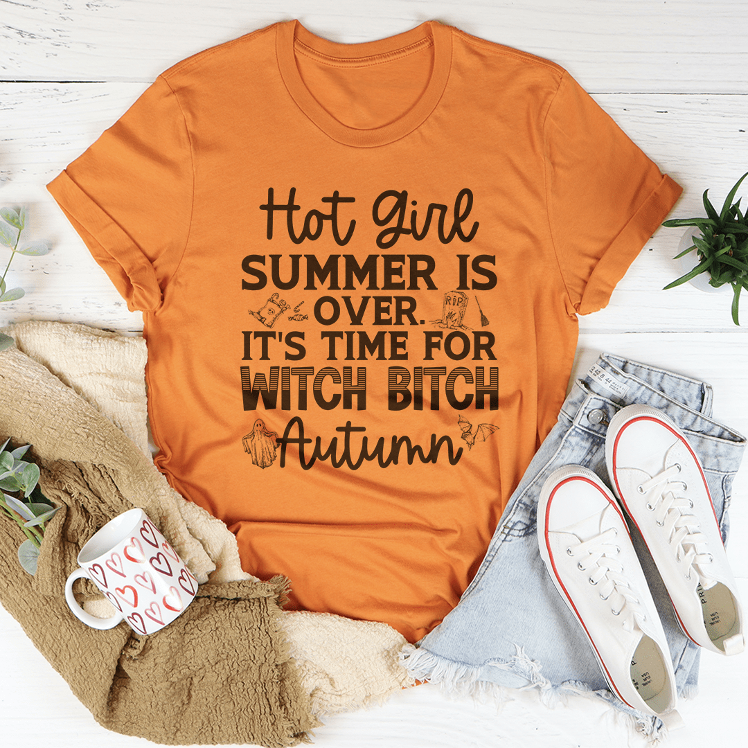 Witch B Autumn T-Shirt in a cozy fall setting, showcasing its soft cotton fabric and stylish design.