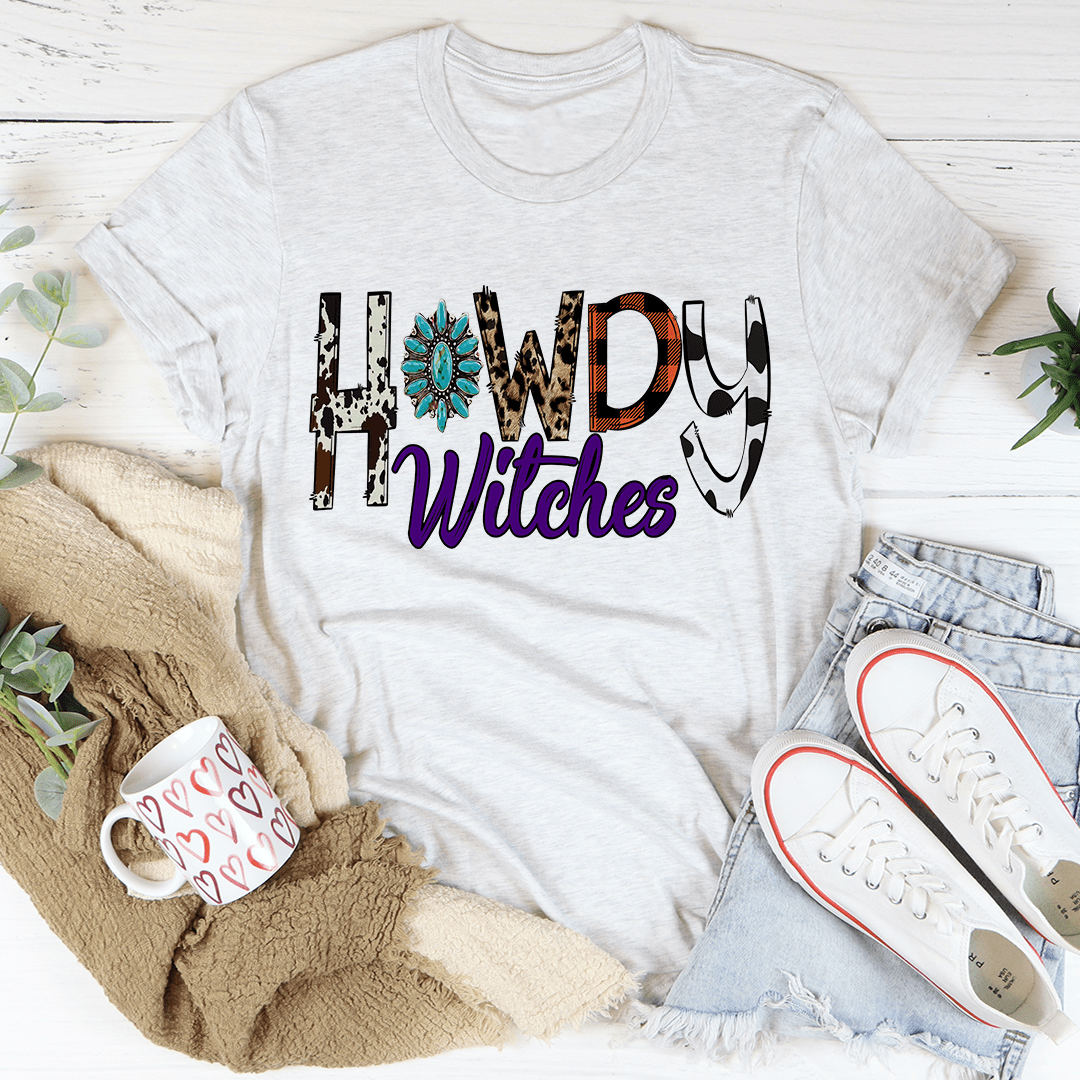 A stylish Howdy Witches Tee made from soft ring-spun cotton, featuring double stitching for durability and a comfortable fit.