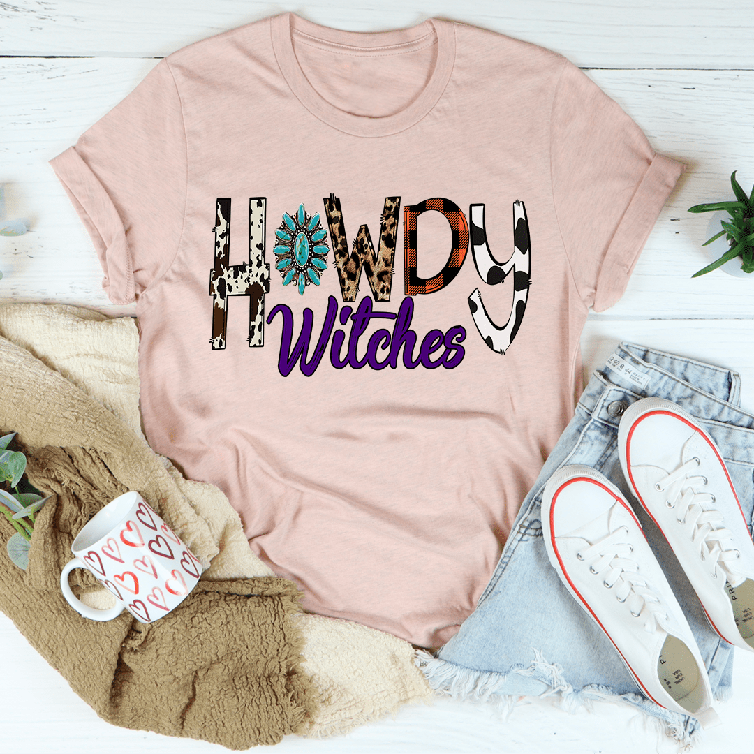 A stylish Howdy Witches Tee made from soft ring-spun cotton, featuring double stitching for durability and a comfortable fit.