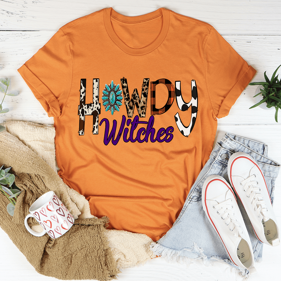 A stylish Howdy Witches Tee made from soft ring-spun cotton, featuring double stitching for durability and a comfortable fit.