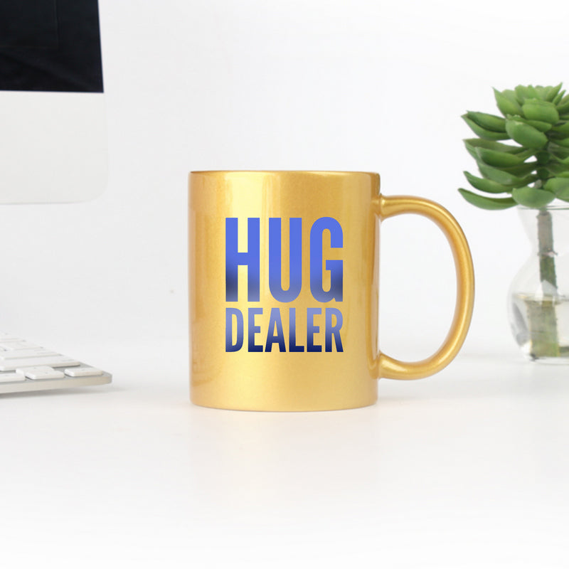 Hug Dealer Gold & Silver Mug with elegant design and ceramic finish, showcasing gold metallic coating.