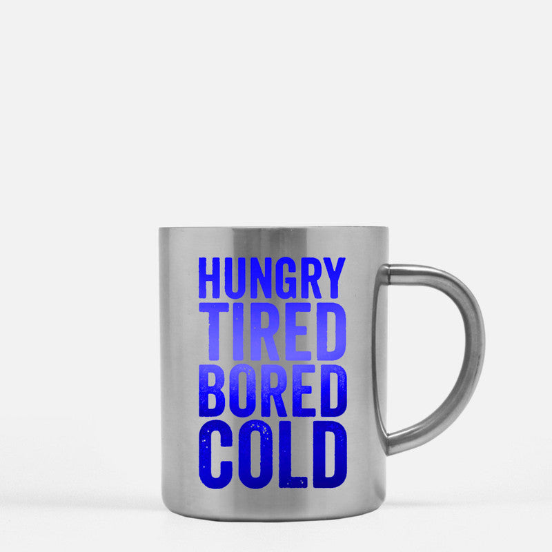 Hungry Tired Bored Cold Gold & Silver Mug with elegant metallic finish and ceramic body, perfect for beverages.