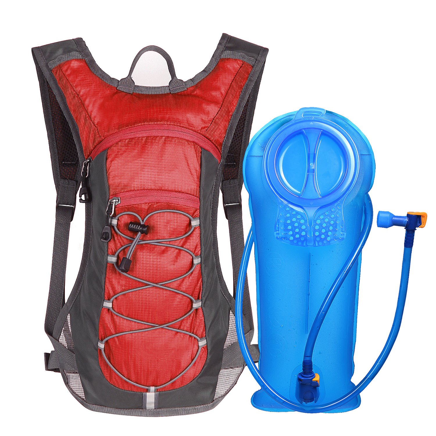 Hydration pack featuring a 70 oz 2L water bladder, adjustable straps, and a small front pocket, ideal for outdoor activities.