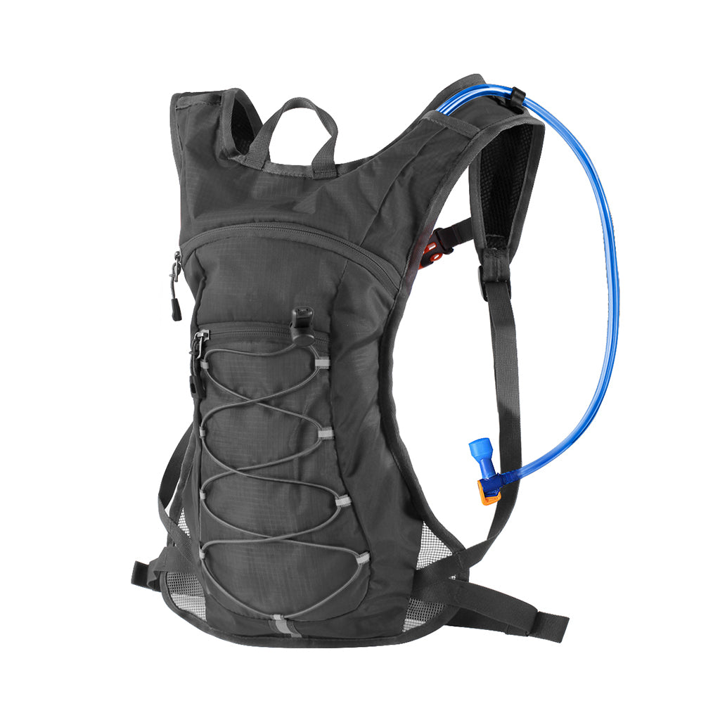 Hydration pack featuring a 70 oz 2L water bladder, adjustable straps, and a small front pocket, ideal for outdoor activities.