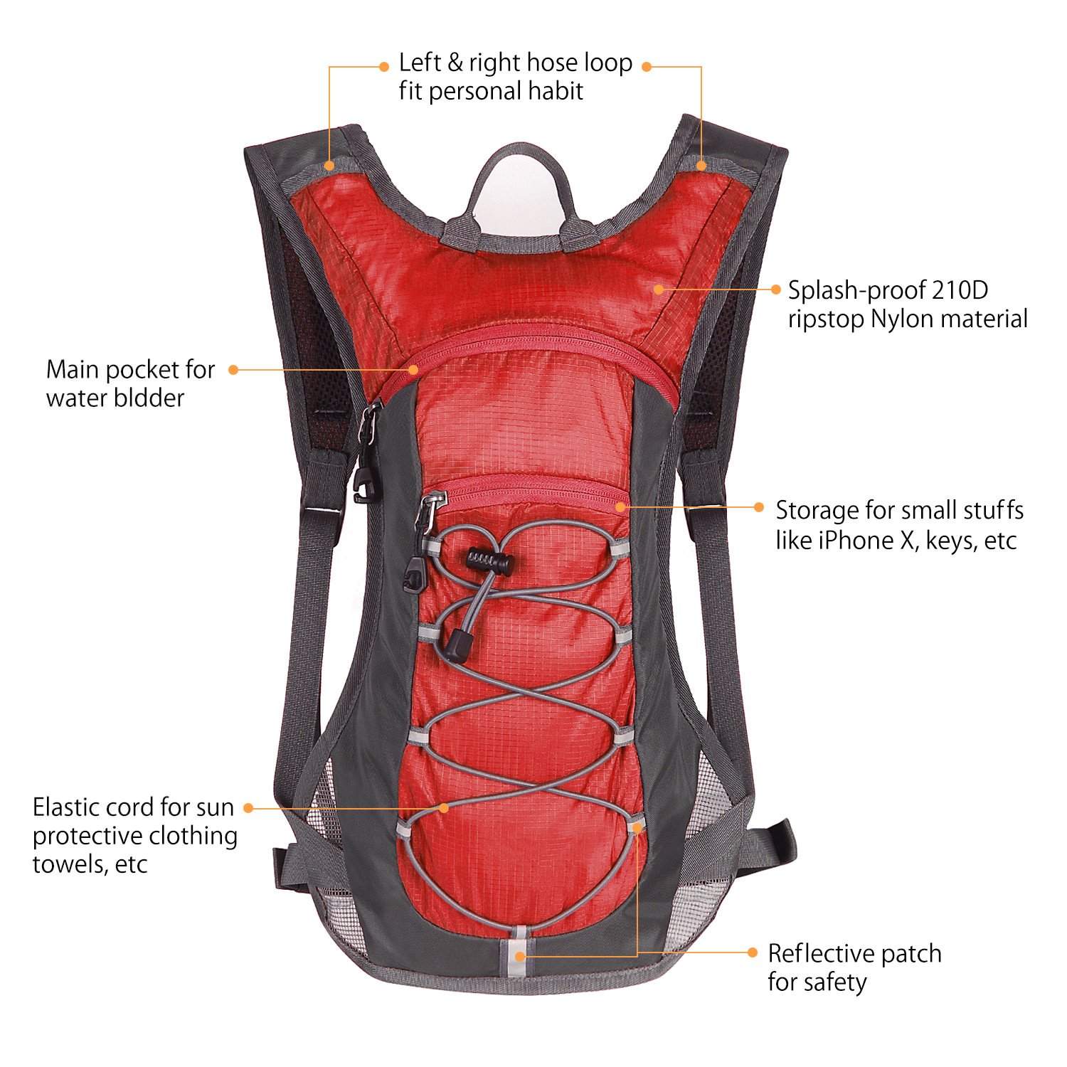 Hydration pack featuring a 70 oz 2L water bladder, adjustable straps, and a small front pocket, ideal for outdoor activities.