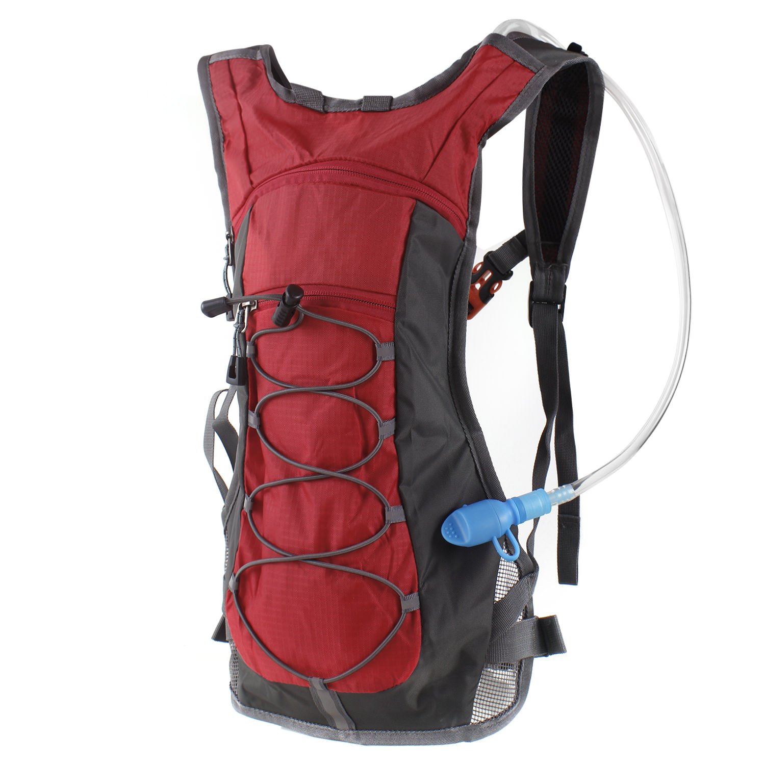 Hydration pack featuring a 70 oz 2L water bladder, adjustable straps, and a small front pocket, ideal for outdoor activities.