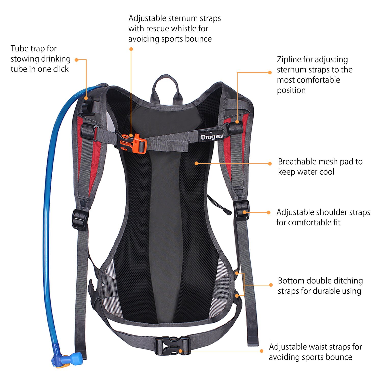 Hydration pack featuring a 70 oz 2L water bladder, adjustable straps, and a small front pocket, ideal for outdoor activities.