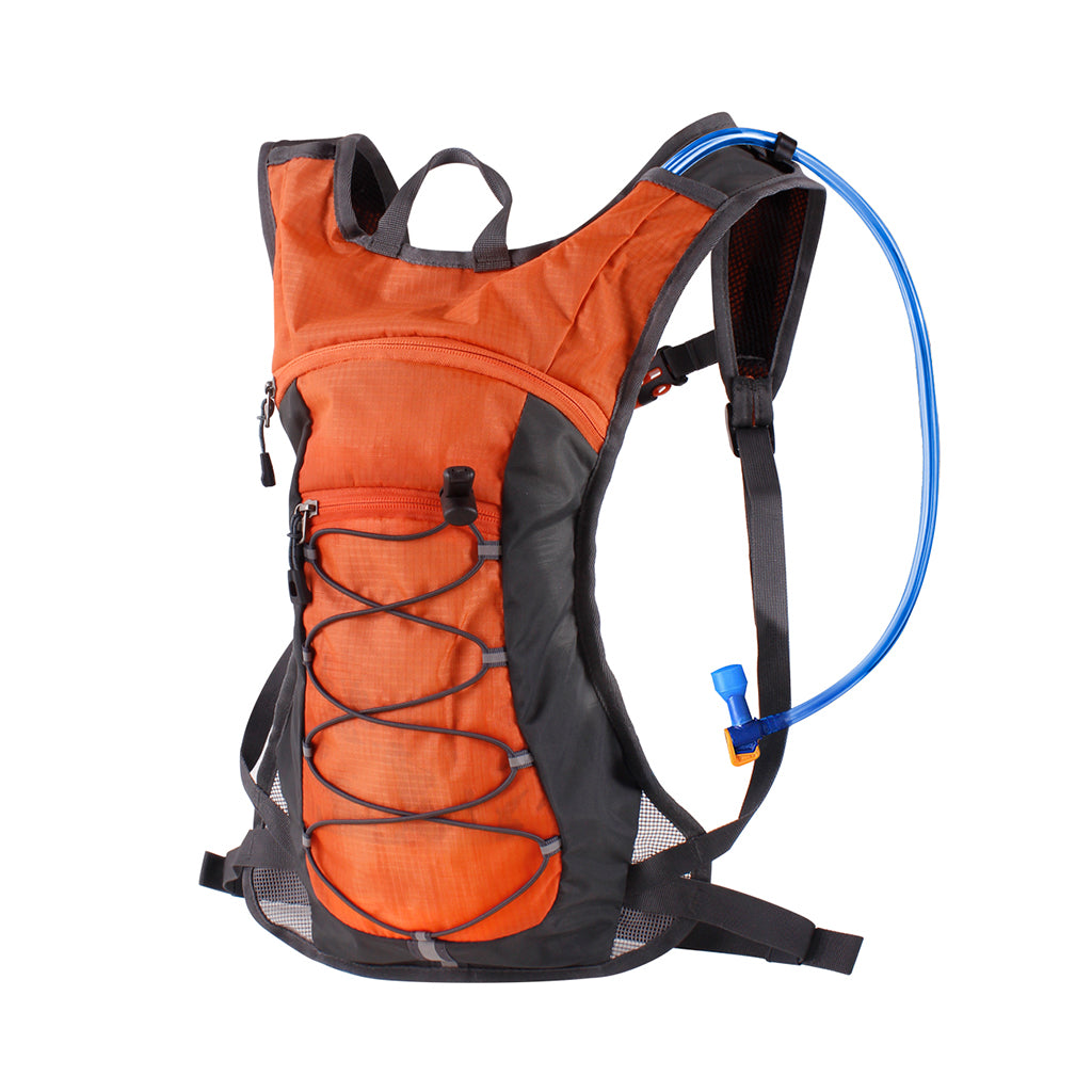 Hydration pack featuring a 70 oz 2L water bladder, adjustable straps, and a small front pocket, ideal for outdoor activities.