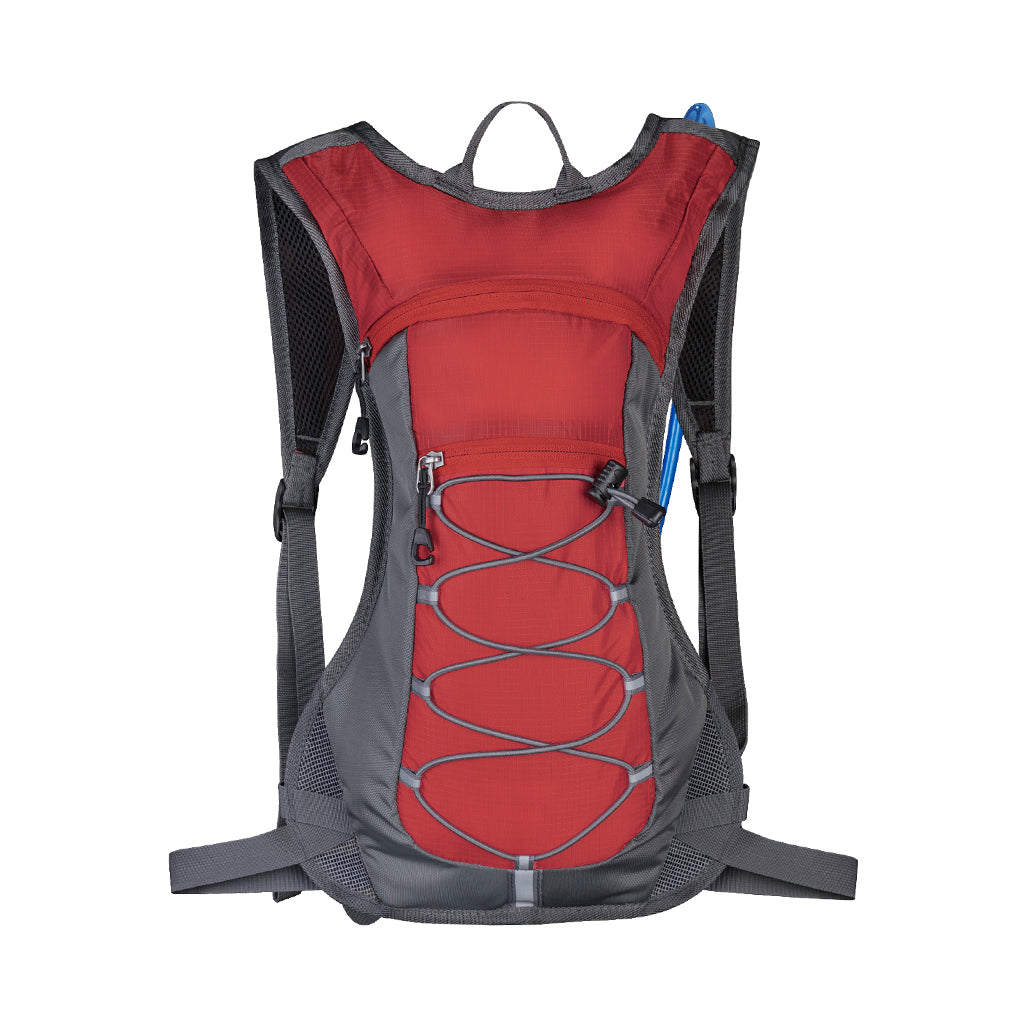 Hydration pack featuring a 70 oz 2L water bladder, adjustable straps, and a small front pocket, ideal for outdoor activities.