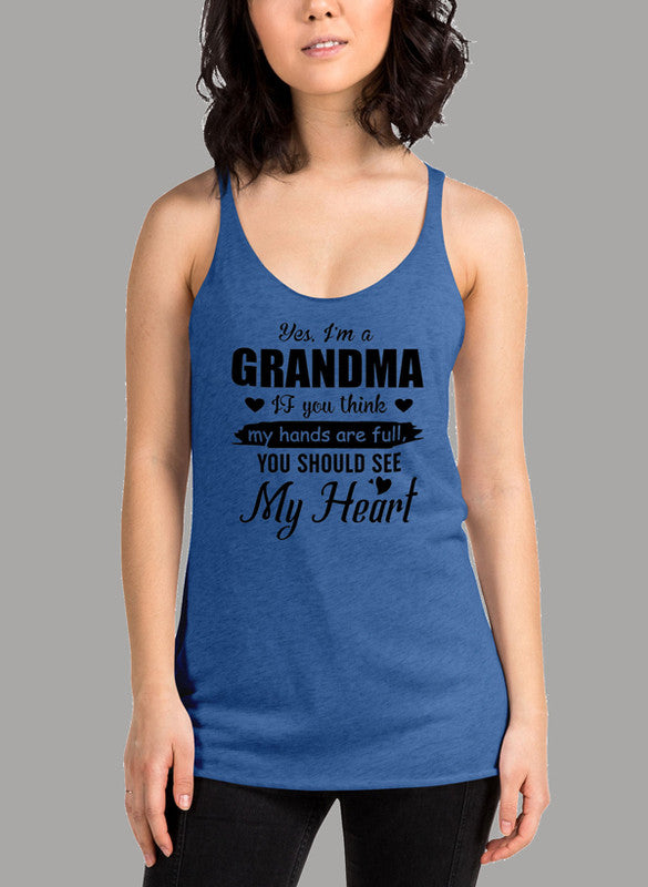 Black women's tank top with 'I Am A Grandma' text, racer back style, and curved hem for comfort.