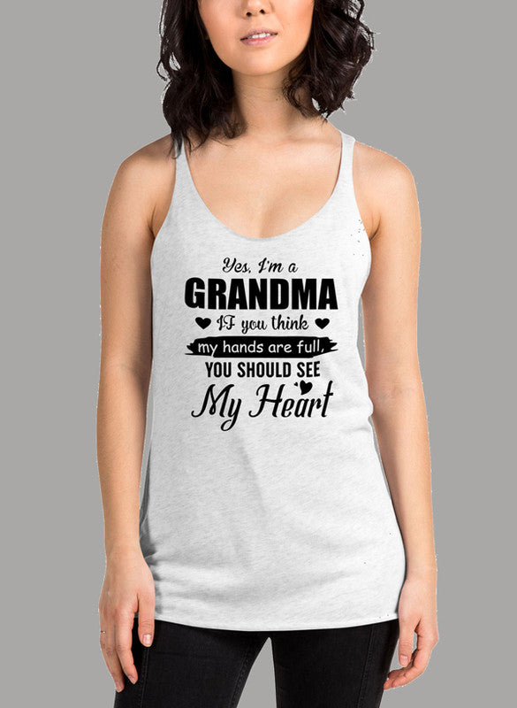 Black women's tank top with 'I Am A Grandma' text, racer back style, and curved hem for comfort.