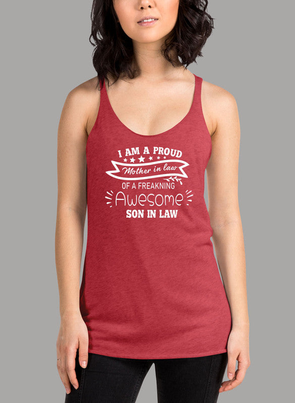 I Am A Proud Mother In Law Women's Tank Top featuring a racerback design and curved back hem in a stylish fit.