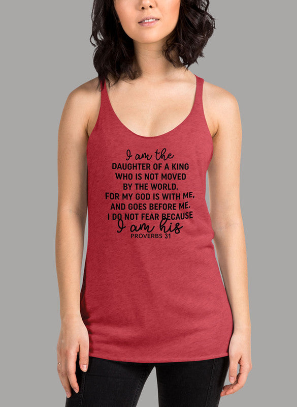 Black women's tank top featuring the phrase 'I Am The Daughter Of A King' with a racer back design and curved hem.