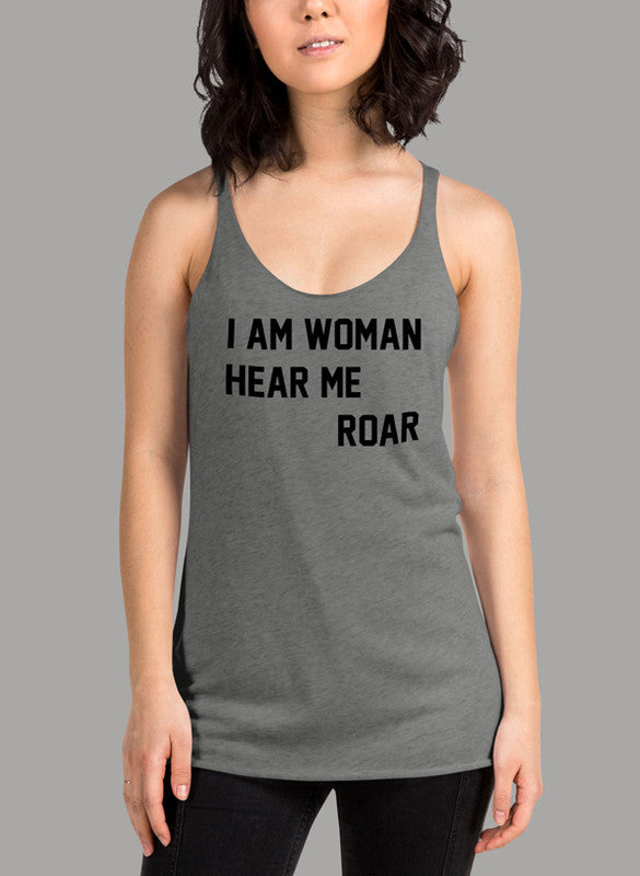 I Am Woman Women's Tank Top in a stylish racer back design, showcasing its curved back hem and Neoteric™ fabric.