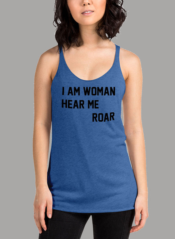 I Am Woman Women's Tank Top in a stylish racer back design, showcasing its curved back hem and Neoteric™ fabric.