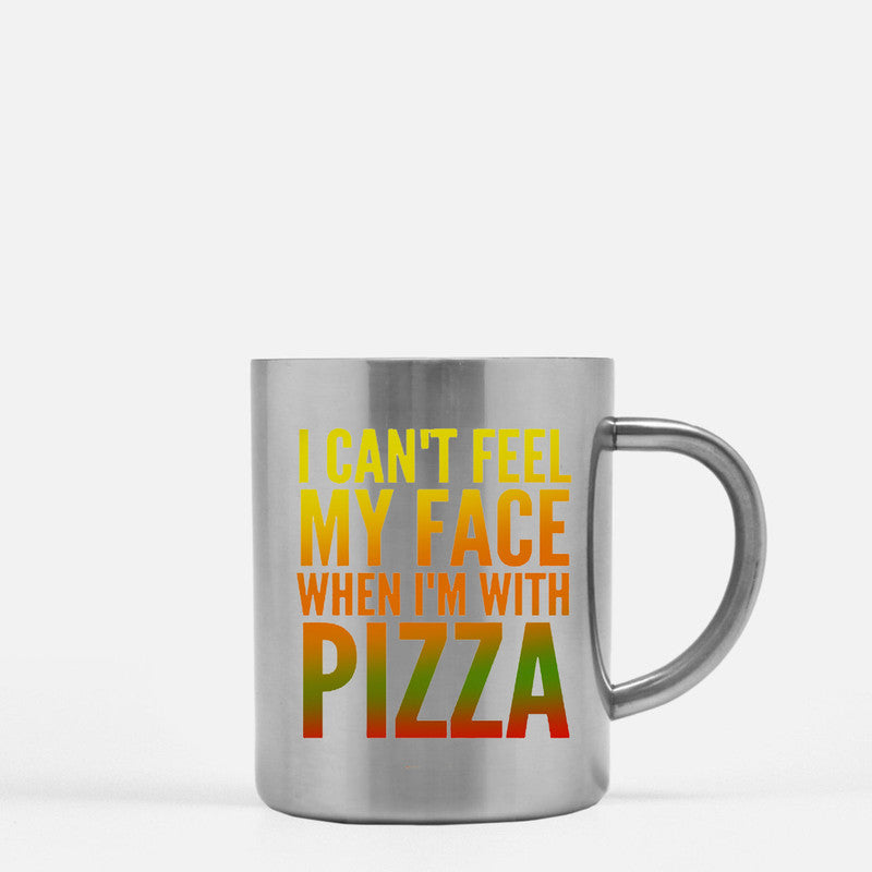 Ceramic mug with yellow gold and silver design featuring the phrase 'I Can't Feel My Face When I'm With Pizza'.