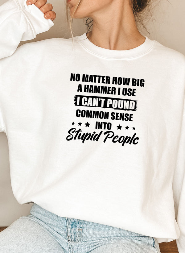 A cozy sweatshirt featuring the phrase 'I Can't Pound Common Sense Into Stupid People' in bold lettering, perfect for casual wear.