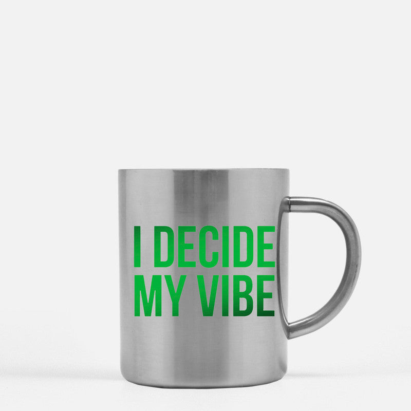 I Decide My Vibe Gold & Silver Mug with elegant design and gold metallic coating, showcasing its ceramic material and stylish appearance.