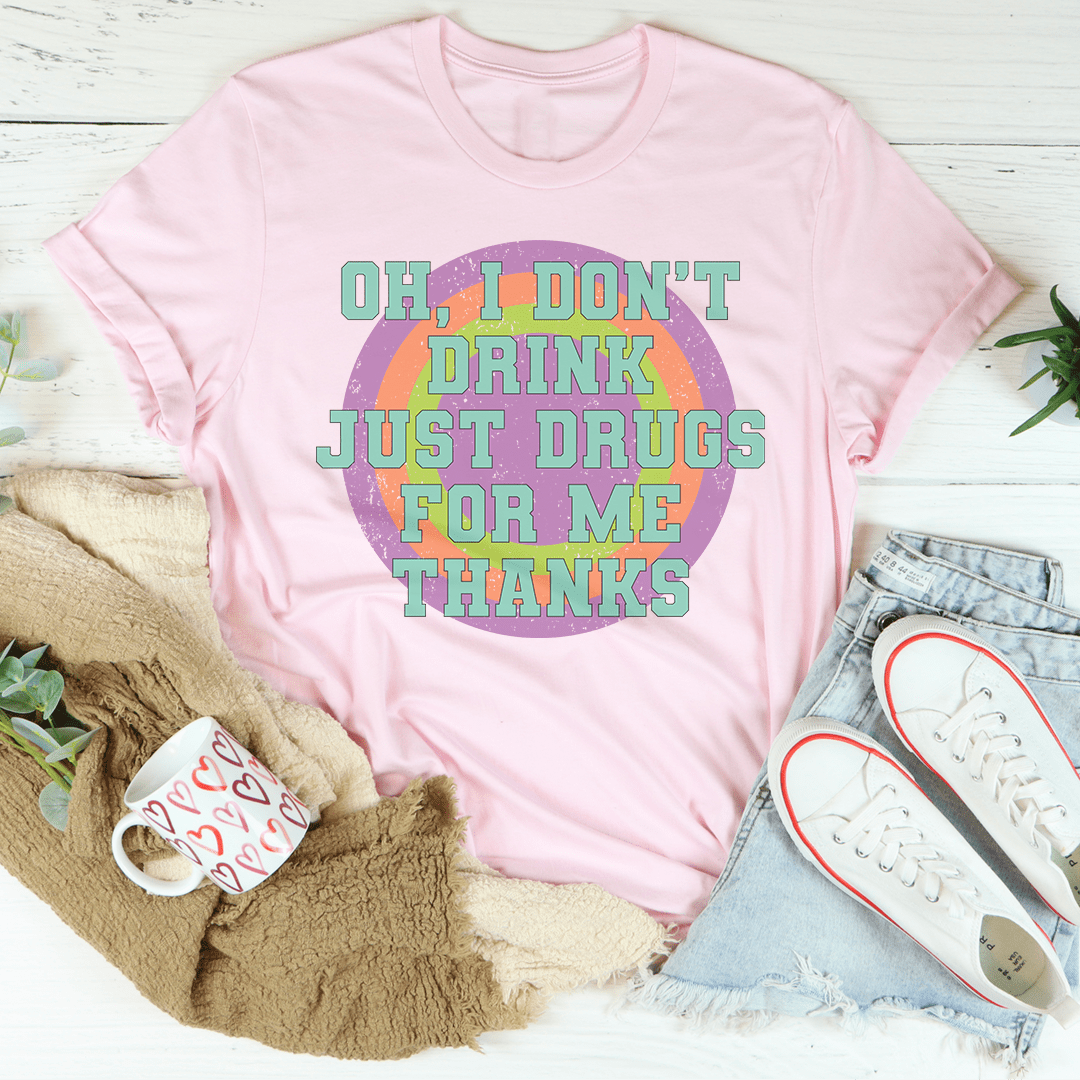 I Don't Drink Tee featuring a soft ring-spun cotton fabric with double stitching, available in various sizes.