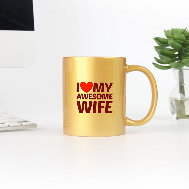 I Heart Love My Awesome Wife Mug featuring gold and silver design, ceramic material, and elegant styling.