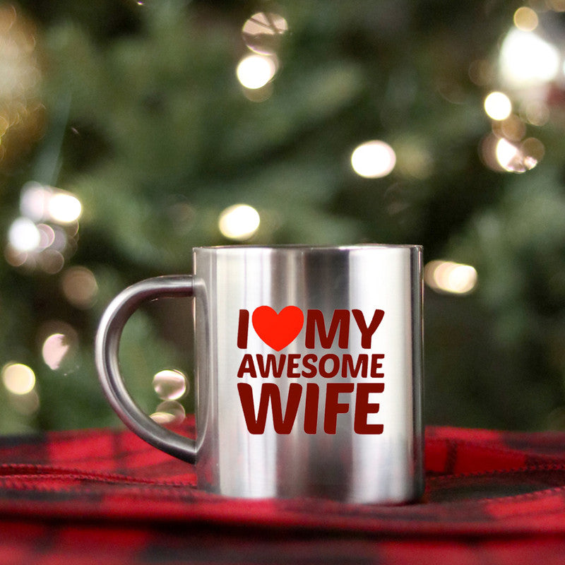 I Heart Love My Awesome Wife Mug featuring gold and silver design, ceramic material, and elegant styling.