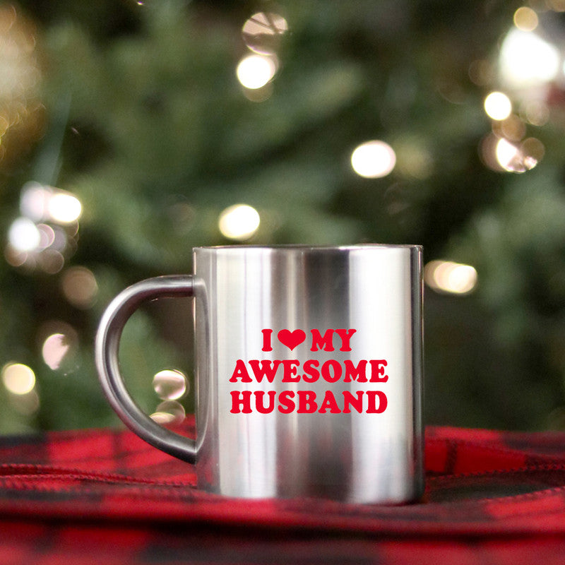 Ceramic mug with gold and silver design, featuring 'I Love My Awesome Husband' text, perfect for daily use.