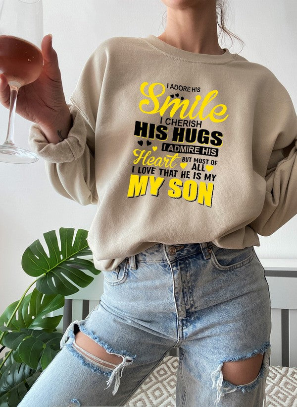 I Love My Son Sweat Shirt featuring a cozy fleece design, adjustable cuffs, and a stylish print expressing love for a son.