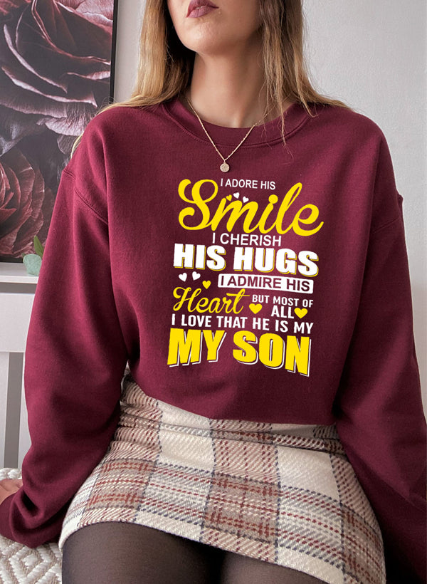 I Love My Son Sweat Shirt featuring a cozy fleece design, adjustable cuffs, and a stylish print expressing love for a son.