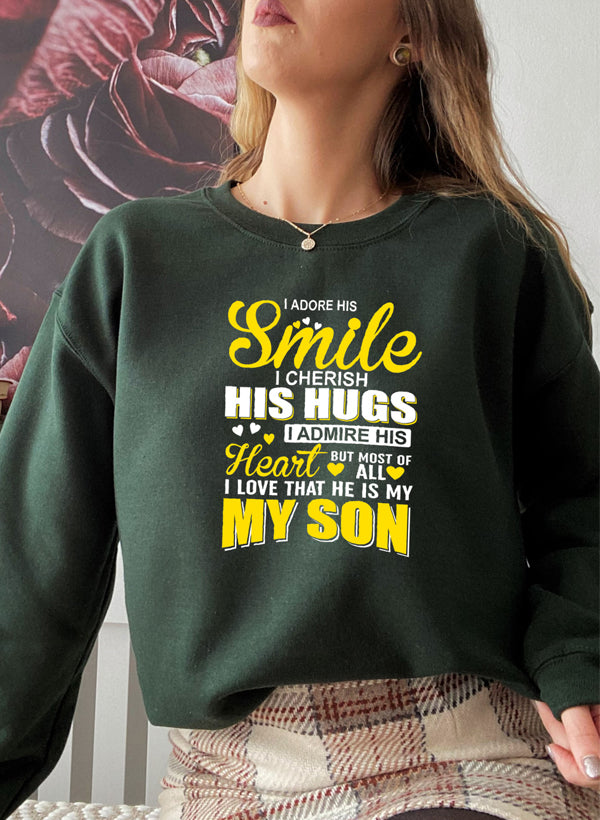 I Love My Son Sweat Shirt featuring a cozy fleece design, adjustable cuffs, and a stylish print expressing love for a son.