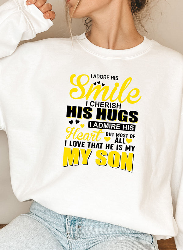 I Love My Son Sweat Shirt featuring a cozy fleece design, adjustable cuffs, and a stylish print expressing love for a son.