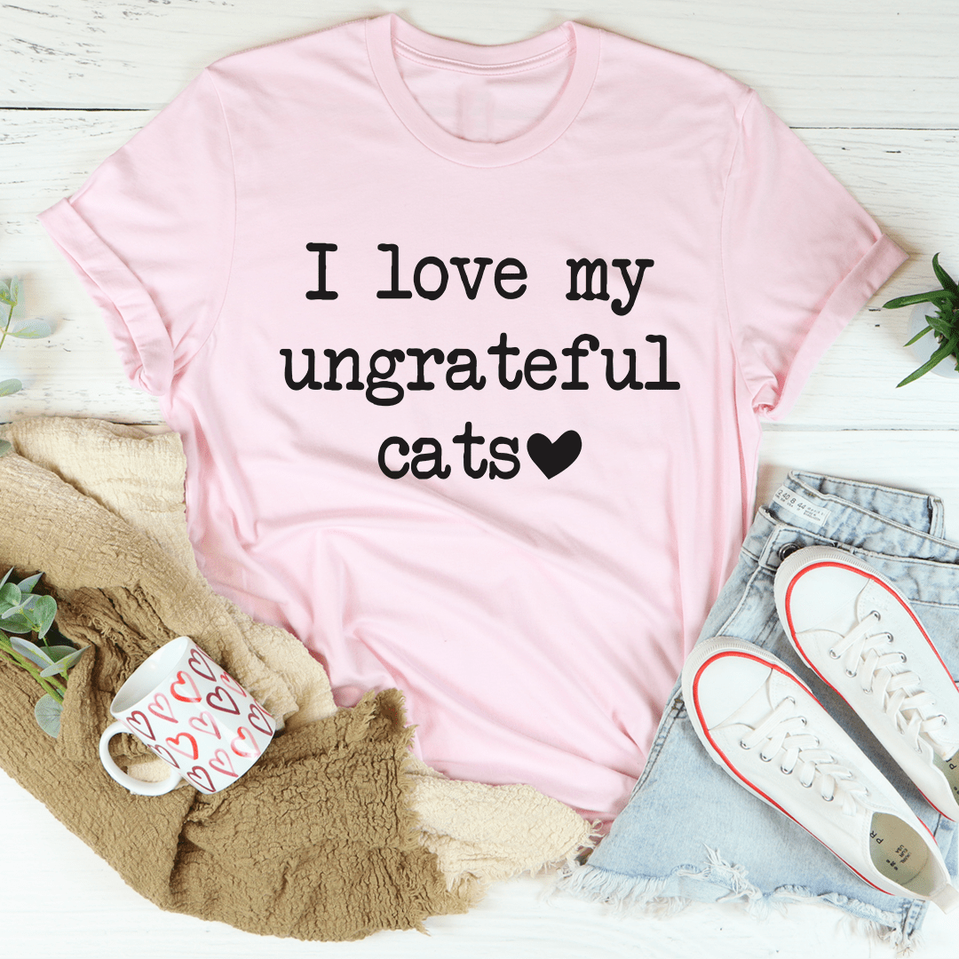 I Love My Ungrateful Cats T-Shirt featuring a humorous design for cat lovers, made from soft cotton with double stitching.