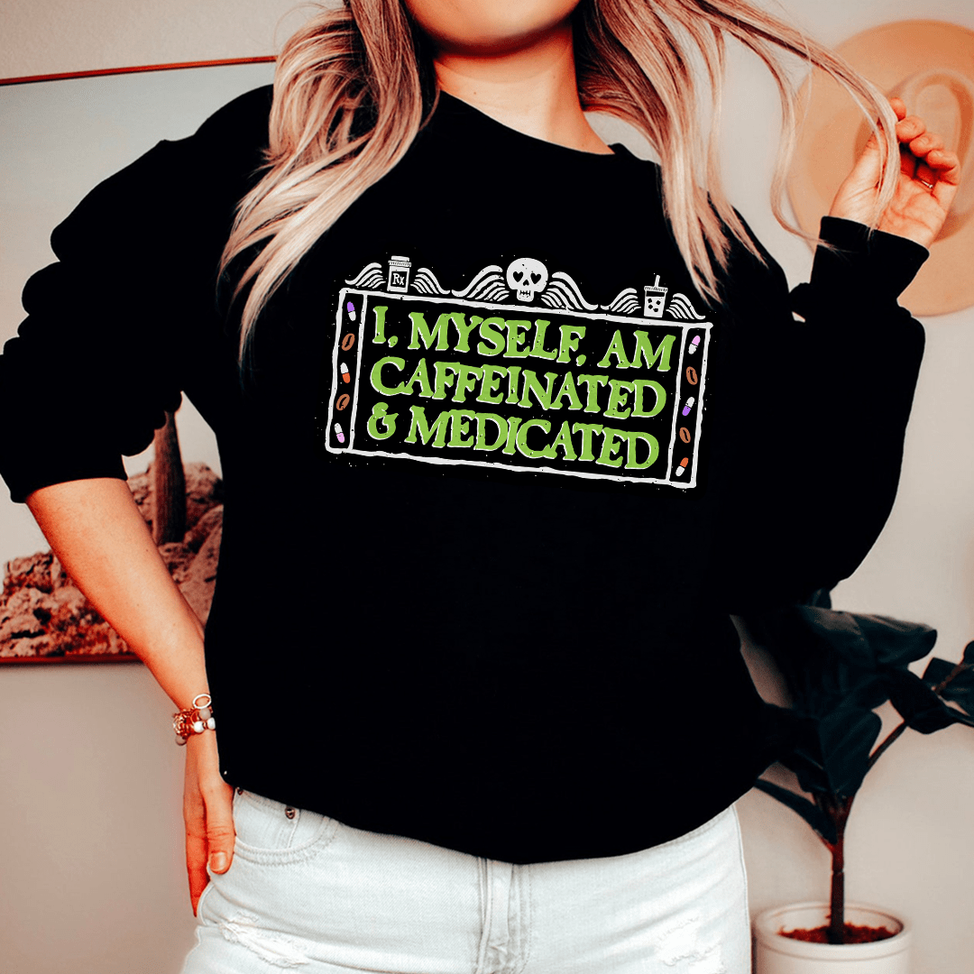 I Myself Am Caffeinated hoodie featuring unique artistic designs, made from soft cotton/poly fleece blend.