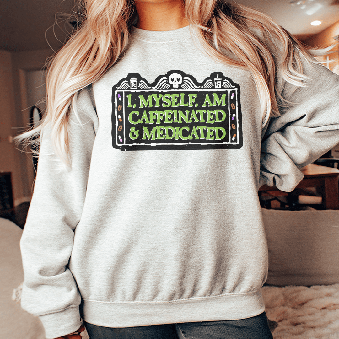 I Myself Am Caffeinated hoodie featuring unique artistic designs, made from soft cotton/poly fleece blend.