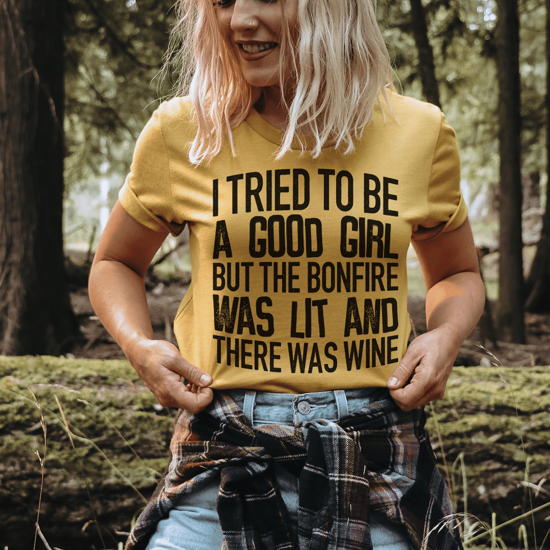 I Tried To Be A Good Girl Tee in soft cotton, featuring double stitching and a stylish design.