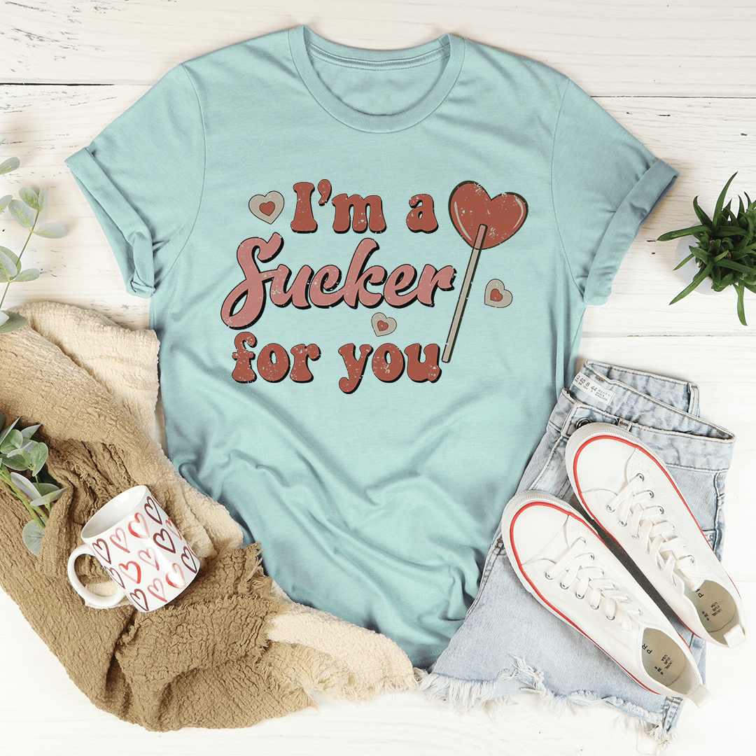 A stylish 'I'm A Sucker For You' T-Shirt made from soft ring-spun cotton, featuring double stitching for durability and vibrant DTG printed design.