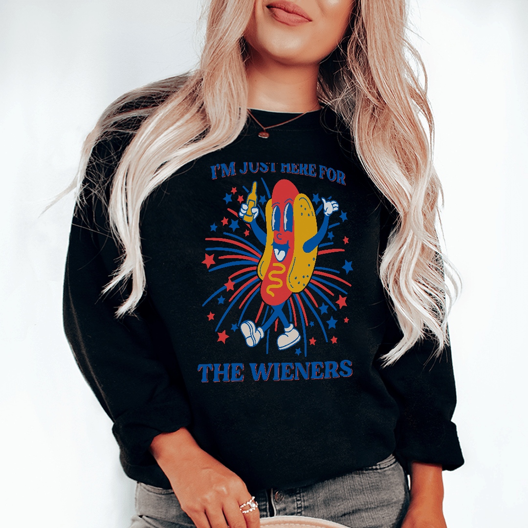 Cozy 'I’m Just Here For The Wieners' hoodie featuring a fleece lining and adjustable cuffs, perfect for casual wear.