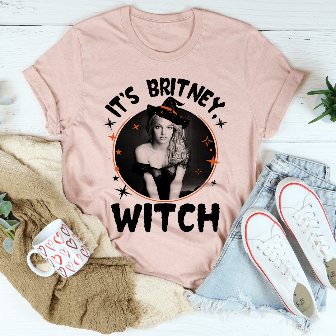 A stylish black t-shirt featuring the phrase 'It's Britney Witch' in bold lettering, made from soft ring-spun cotton.